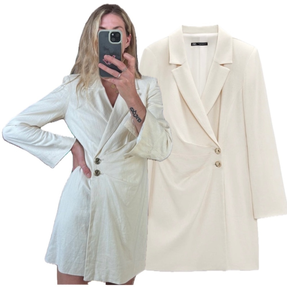 Zara Linen Blend Double Breasted Cream Gold Accents Blazer Jacket Dress
